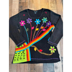 Agan Traders Boho, Artsy, Hippie, Long Sleeved Floral Embroidered Top Womens XL